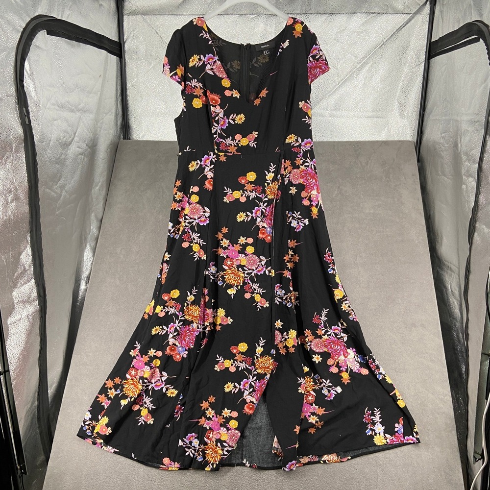 Forever 21+ Womens Plus Size 2X Black Floral V-Neck Cap Sleeve Maxi Dress Slit - Picture 2 of 13